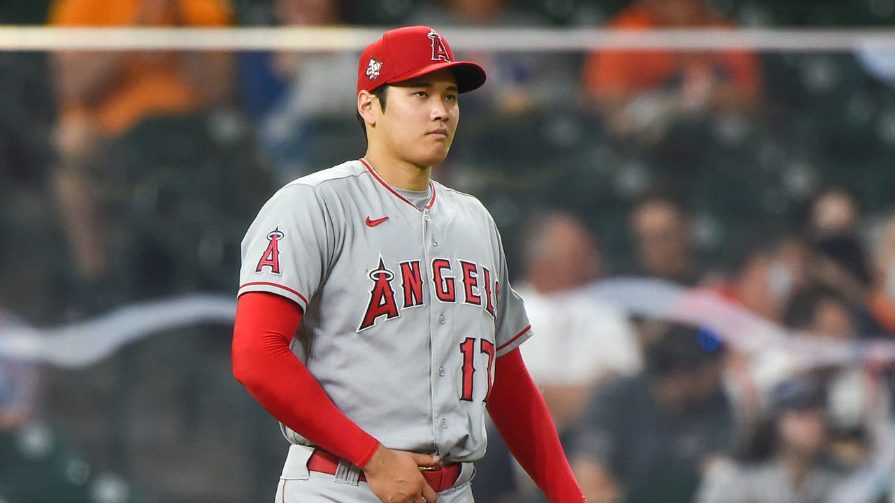 HOUSTON, TX - MAY 11: Los Angeles Angels designated hitter Shohei Ohtani (17) prepares to pitch in the bottom of the second during the baseball game between the Los Angeles Angels and Houston Astros at Minute Maid Park on May 11, 2021 in Houston, Texas.