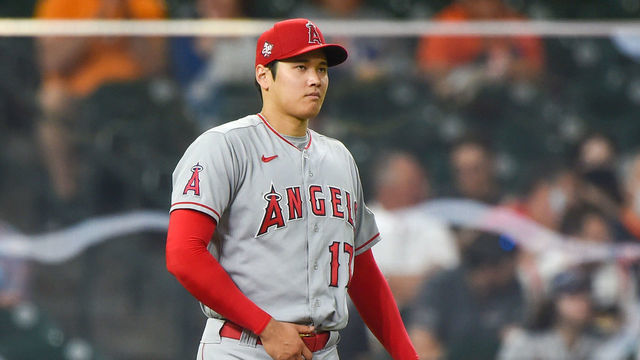 HOUSTON, TX - MAY 11: Los Angeles Angels designated hitter Shohei Ohtani (17) prepares to pitch in the bottom of the second during the baseball game between the Los Angeles Angels and Houston Astros at Minute Maid Park on May 11, 2021 in Houston, Texas.