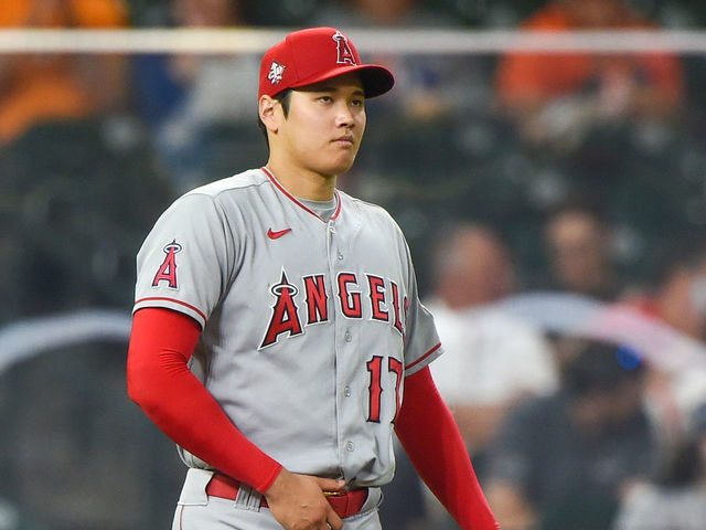 HOUSTON, TX - MAY 11: Los Angeles Angels designated hitter Shohei Ohtani (17) prepares to pitch in the bottom of the second during the baseball game between the Los Angeles Angels and Houston Astros at Minute Maid Park on May 11, 2021 in Houston, Texas.
