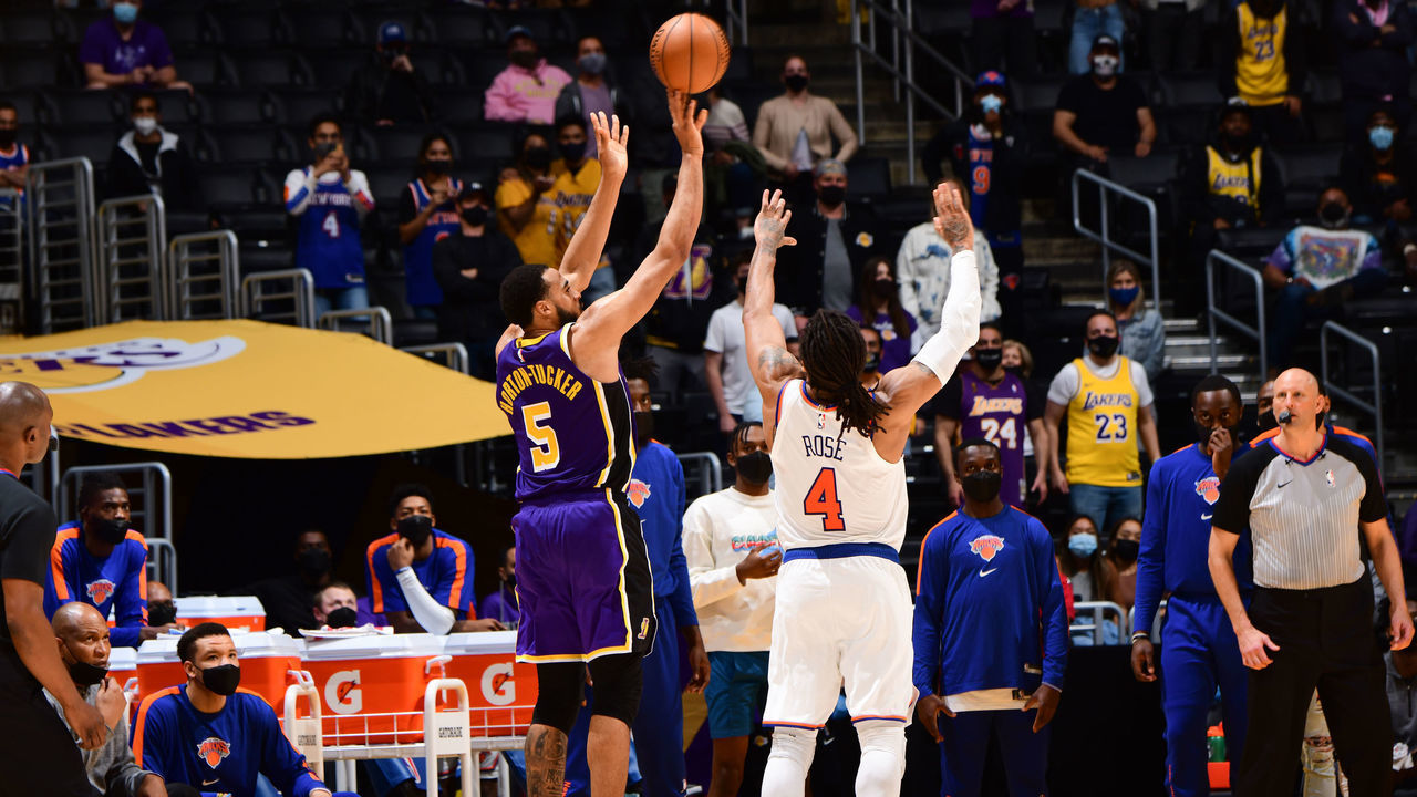 LOS ANGELES, CA - MAY 10: Talen Horton-Tucker #5 of the Los Angeles Lakers shoots a three point basket to win the game against the New York Knicks on May 10, 2021 at STAPLES Center in Los Angeles, California. NOTE TO USER: User expressly acknowledges and agrees that, by downloading and/or using this Photograph, user is consenting to the terms and conditions of the Getty Images License Agreement. Mandatory Copyright Notice: Copyright 2021 NBAE