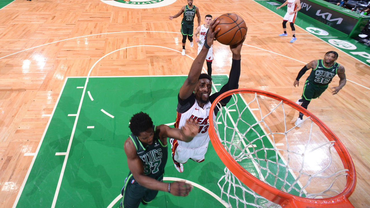 BOSTON, MA - MAY 10: Bam Adebayo #13 of the Miami Heat dunks the ball during the game against the Boston Celtics on May 10, 2021 at the TD Garden in Boston, Massachusetts. Mandatory Copyright Notice: Copyright 2021 NBAE