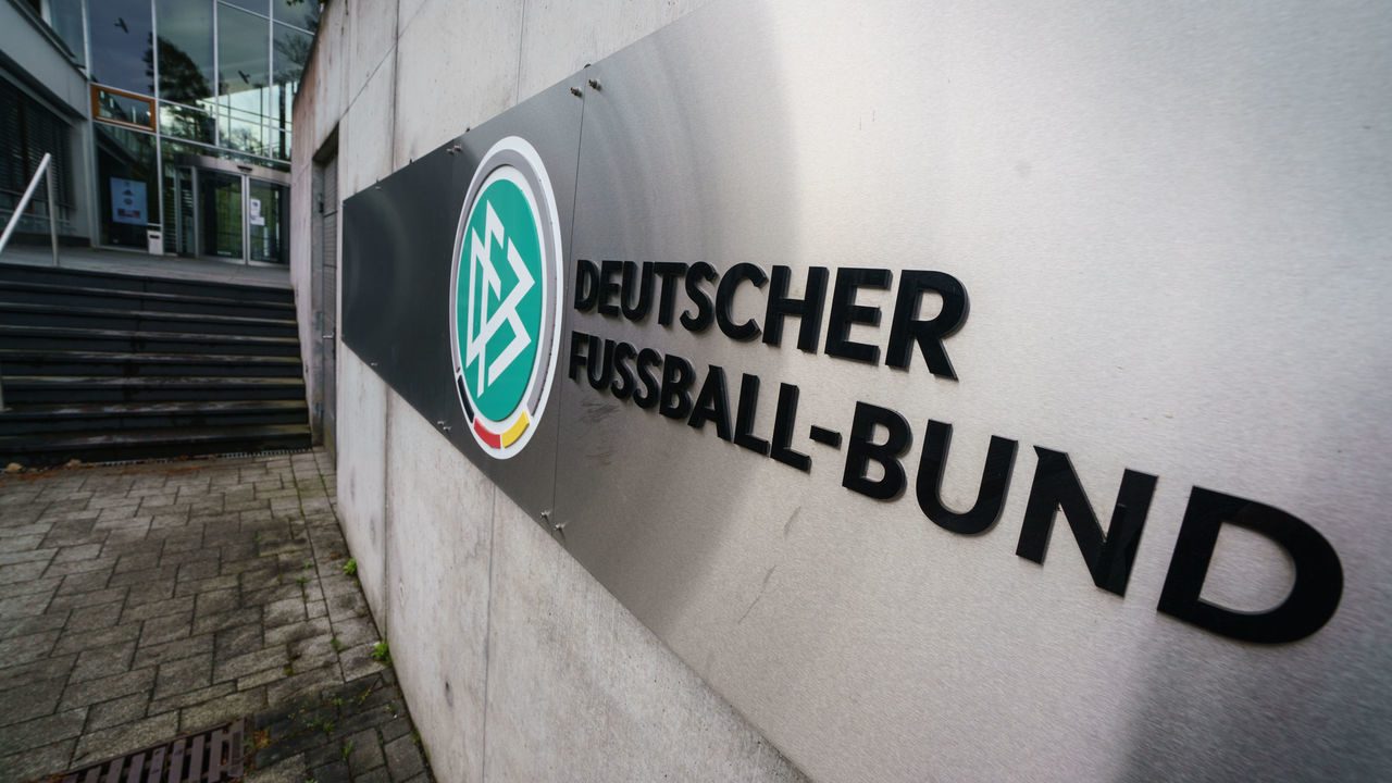 12 May 2021, Hessen, Frankfurt/Main: The logo of the German Football Association (DFB) is seen in front of the DFB headquarters this morning. The German Football Association must reorganize itself. Once again, a president is being sought after Fritz Keller announced his resignation. Photo: Frank Rumpenhorst/dpa