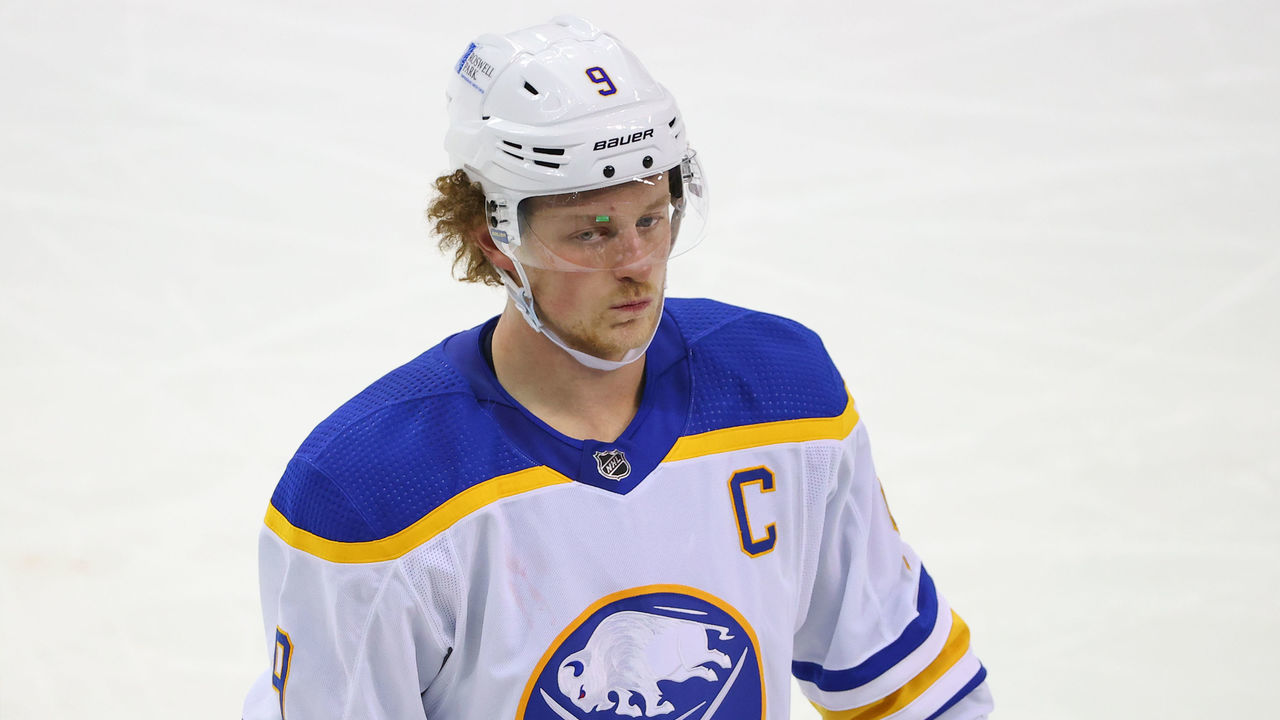 NEWARK, NJ - FEBRUARY 20: Buffalo Sabres center Jack Eichel (9) at the bench during the National Hockey League game between the New Jersey Devils and the Buffalo Sabres on February 20, 2021 at the Prudential Center in Newark, NJ.
