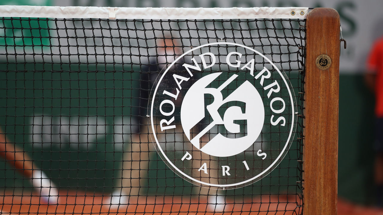 PARIS, FRANCE September 28. The Roland Garros sign on the net on Court Philippe-Chatrier during the French Open Tennis Tournament at Roland Garros on September 28th 2020 in Paris, France.