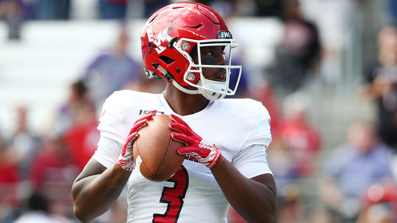 SEATTLE, WASHINGTON - AUGUST 31: Eric Barriere #3 of the Eastern Washington Eagles looks to throw the ball in the first quarter against the Washington Huskies during their game at Husky Stadium on August 31, 2019 in Seattle, Washington.