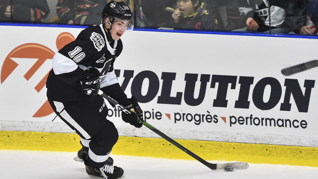 BOISBRIAND, QC - NOVEMBER 13: Luke Henman #16 of the Blainville-Boisbriand Armada skates the puck against the Halifax Mooseheads during the first period at Centre d'Excellence Sports Rousseau on November 13, 2019 in Boisbriand, Canada. The Halifax Mooseheads defeated the Blainville-Boisbriand Armada 4-1.