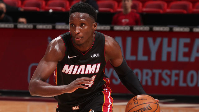 MIAMI, FL - APRIL 3: Victor Oladipo #4 of the Miami Heat handles the ball against the Cleveland Cavaliers on April 3, 2021 at American Airlines Arena in Miami, Florida. Mandatory Copyright Notice: Copyright 2021 NBAE