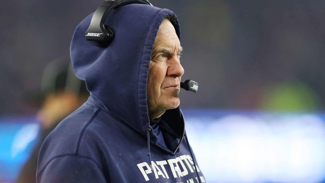 FOXBOROUGH, MASSACHUSETTS - JANUARY 04: Head coach Bill Belichick of the New England Patriots looks on as they play against the Tennessee Titans in the second half of the AFC Wild Card Playoff game at Gillette Stadium on January 04, 2020 in Foxborough, Massachusetts.