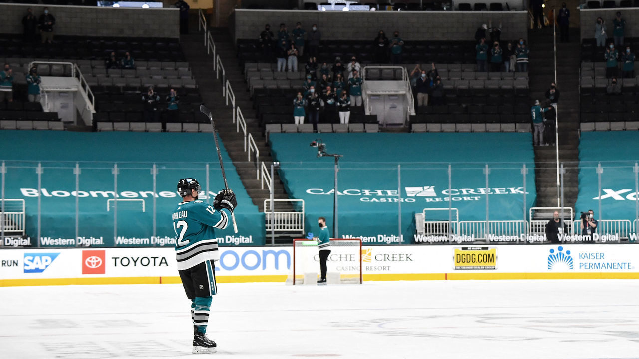 SAN JOSE, CA - MAY 12: Patrick Marleau #12 of the San Jose Sharks takes a solo lap around the ice to thank the fans after the final game of the season against the Vegas Golden Knights at SAP Center on May 12, 2021 in San Jose, California.