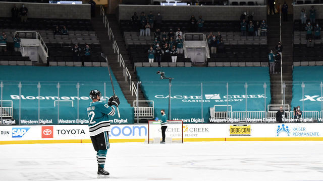 SAN JOSE, CA - MAY 12: Patrick Marleau #12 of the San Jose Sharks takes a solo lap around the ice to thank the fans after the final game of the season against the Vegas Golden Knights at SAP Center on May 12, 2021 in San Jose, California.