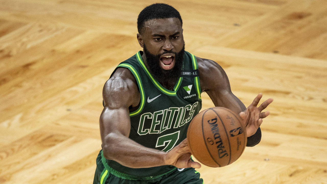 BOSTON, MASSACHUSETTS - MAY 02: Jaylen Brown #7 of the Boston Celtics reacts as he looks to pass during the second half against the Portland Trail Blazers at TD Garden on May 02, 2021 in Boston, Massachusetts.