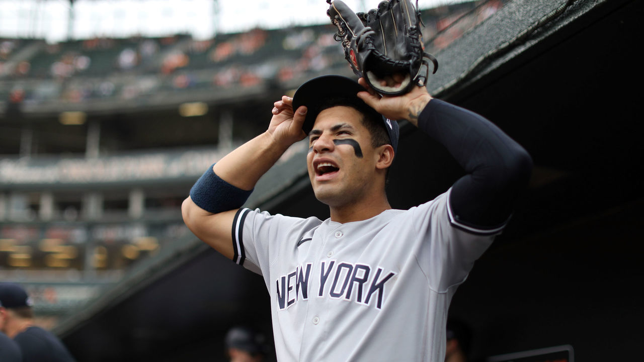 BALTIMORE, MD - APRIL 29: Gleyber Torres #25 of the New York Yankees looks on from the dugout during the game between the New York Yankees and the Baltimore Orioles at Oriole Park at Camden Yards on Thursday, April 29, 2021 in Baltimore, Maryland.