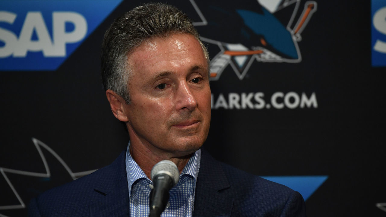 SAN JOSE, CA - SEPTEMBER 19: General Manager Doug Wilson of the San Jose Sharks speaks to the media during a press conference at the Hilton on September 19, 2018 in San Jose, California