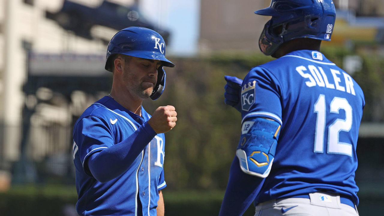 DETROIT, MICHIGAN - MAY 13: Whit Merrifield #15 of the Kansas City Royals celebrates scoring a ninth inning run with Jorge Soler #12 while playing the Detroit Tigers at Comerica Park on May 13, 2021 in Detroit, Michigan.