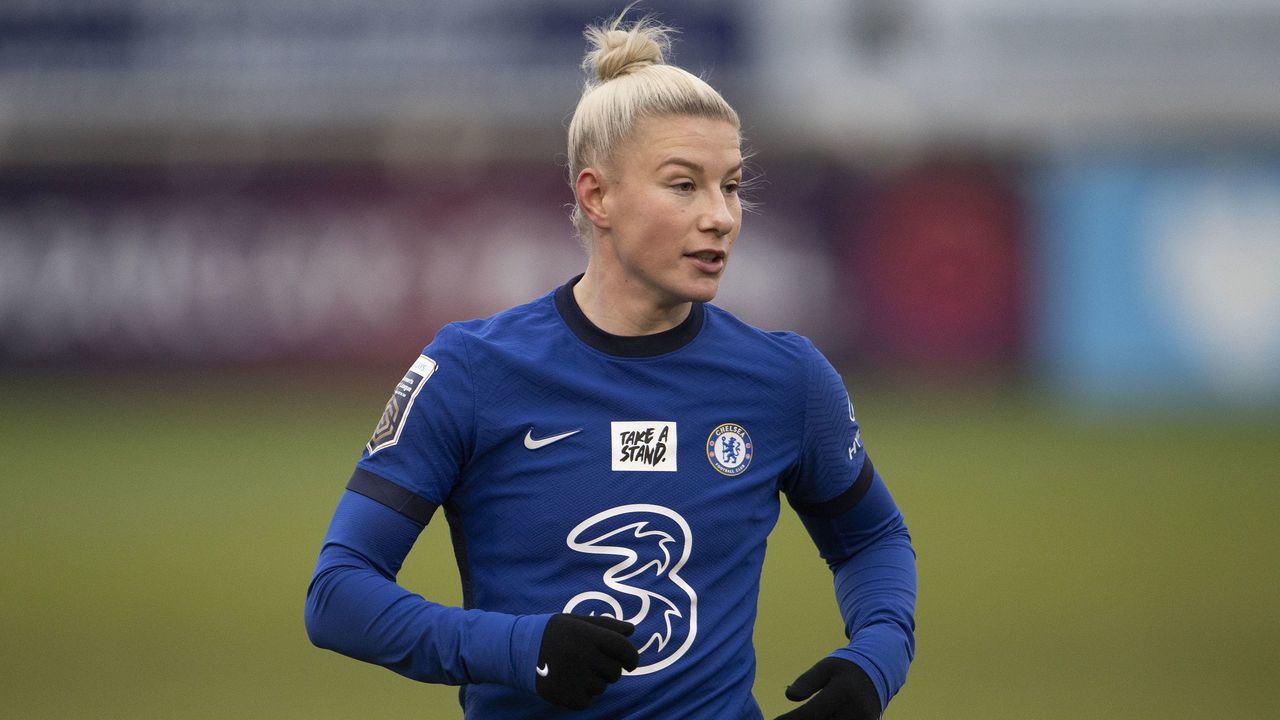 BATH, ENGLAND - FEBRUARY 14: Beth England of Chelsea during the Barclays FA Women's Super League match between Bristol City Women and Chelsea Women at Twerton Park Stadium on February 14, 2021 in Bath, England. Sporting stadiums around the UK remain under strict restrictions due to the Coronavirus Pandemic as Government social distancing laws prohibit fans inside venues resulting in games being played behind closed doors.