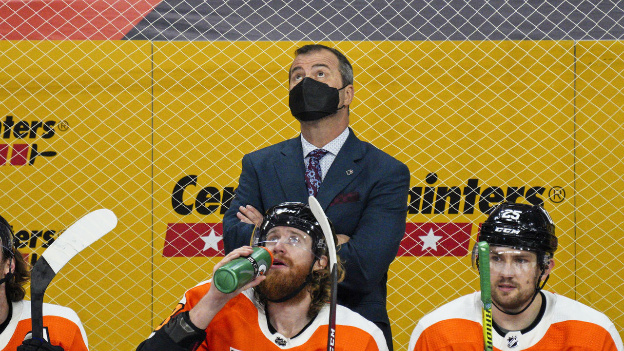PHILADELPHIA, PA - MAY 10: Philadelphia Flyers head coach Alain Vigneault looks on during the game between the New Jersey Devils and the Philadelphia Flyers on May 10, 2021 at Wells Fargo Center in Philadelphia, PA.