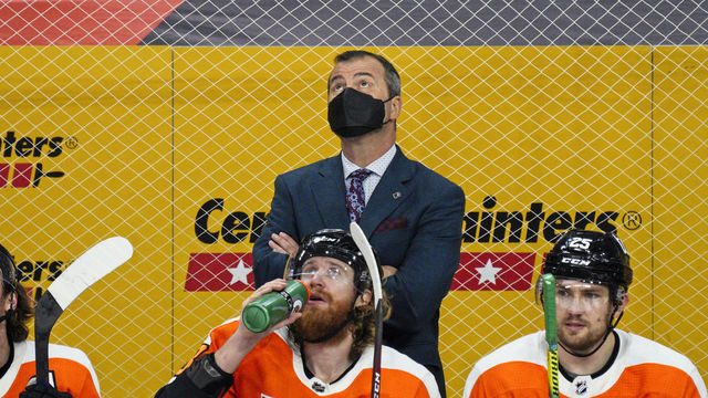 PHILADELPHIA, PA - MAY 10: Philadelphia Flyers head coach Alain Vigneault looks on during the game between the New Jersey Devils and the Philadelphia Flyers on May 10, 2021 at Wells Fargo Center in Philadelphia, PA.