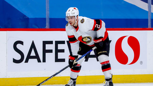 WINNIPEG, MB - MAY 8: Artem Zub #2 of the Ottawa Senators gets set during a first period face-off against the Winnipeg Jets at the Bell MTS Place on May 8, 2021 in Winnipeg, Manitoba, Canada.