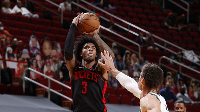 HOUSTON, TX - APRIL 29: Kevin Porter Jr. #3 of the Houston Rockets shoots the ball during the game against the Milwaukee Bucks on April 29, 2021 at the Toyota Center in Houston, Texas. Mandatory Copyright Notice: Copyright 2021 NBAE
