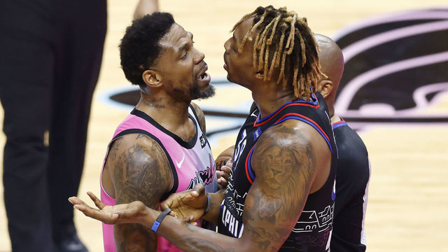 MIAMI, FLORIDA - MAY 13: Udonis Haslem #40 of the Miami Heat and Dwight Howard #39 of the Philadelphia 76ers are involved in a scuffle during the second quarter at American Airlines Arena on May 13, 2021 in Miami, Florida.