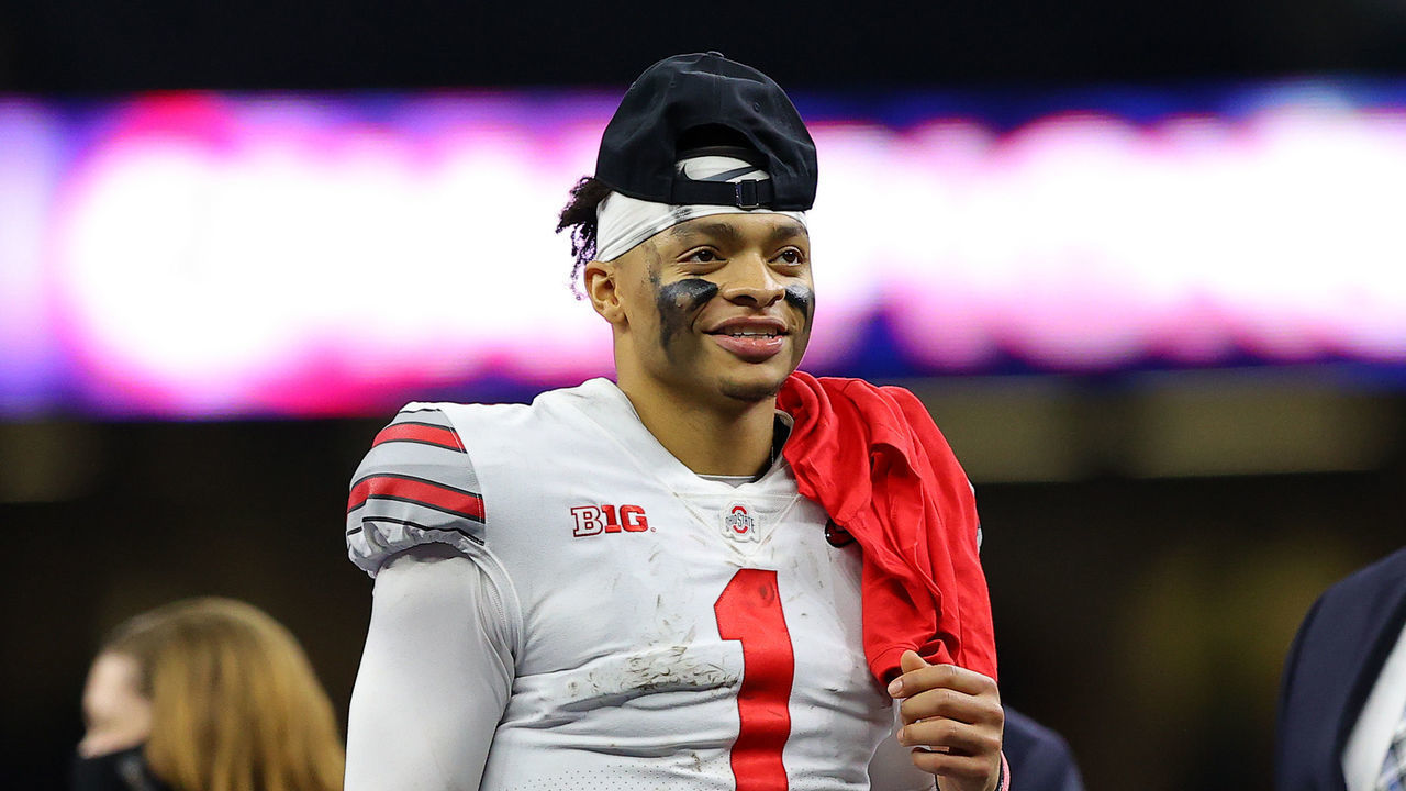 NEW ORLEANS, LOUISIANA - JANUARY 01: Justin Fields #1 of the Ohio State Buckeyes reacts after defeating the Clemson Tigers 49-28 during the College Football Playoff semifinal game at the Allstate Sugar Bowl at Mercedes-Benz Superdome on January 01, 2021 in New Orleans, Louisiana.