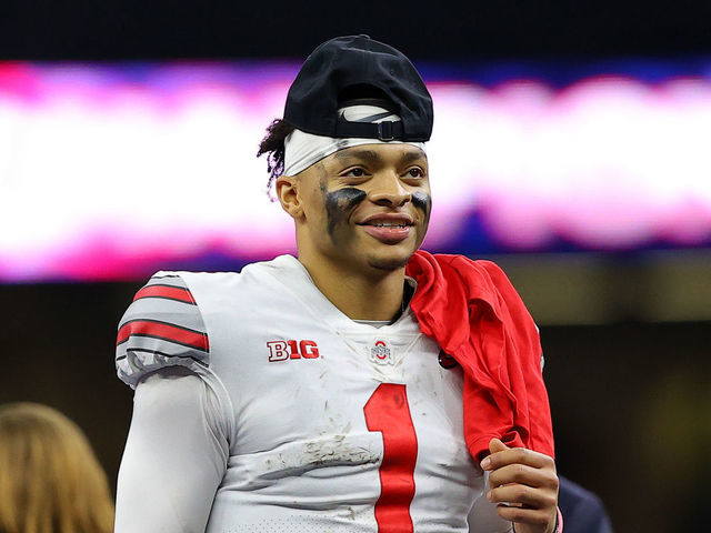 NEW ORLEANS, LOUISIANA - JANUARY 01: Justin Fields #1 of the Ohio State Buckeyes reacts after defeating the Clemson Tigers 49-28 during the College Football Playoff semifinal game at the Allstate Sugar Bowl at Mercedes-Benz Superdome on January 01, 2021 in New Orleans, Louisiana.