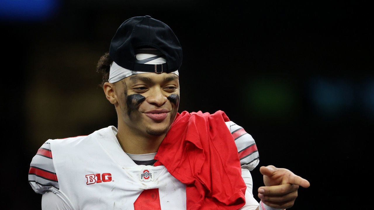 NEW ORLEANS, LOUISIANA - JANUARY 01: Justin Fields #1 of the Ohio State Buckeyes reacts after the game against the Clemson Tigers during the College Football Playoff semifinal game at the Allstate Sugar Bowl at Mercedes-Benz Superdome on January 01, 2021 in New Orleans, Louisiana.