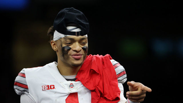 NEW ORLEANS, LOUISIANA - JANUARY 01: Justin Fields #1 of the Ohio State Buckeyes reacts after the game against the Clemson Tigers during the College Football Playoff semifinal game at the Allstate Sugar Bowl at Mercedes-Benz Superdome on January 01, 2021 in New Orleans, Louisiana.