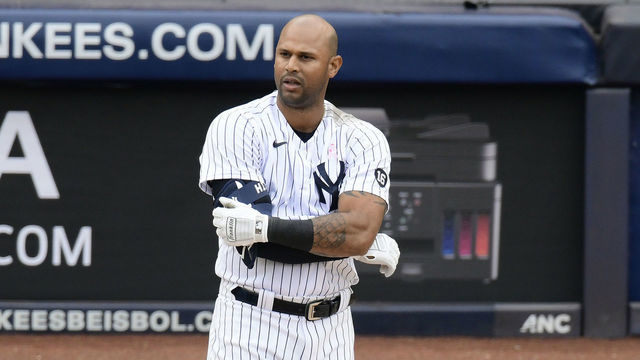 NEW YORK, NEW YORK - MAY 09: Aaron Hicks #31 of the New York Yankees reacts after striking out against the Washington Nationals at Yankee Stadium on May 09, 2021 in in the Bronx borough of New York City.