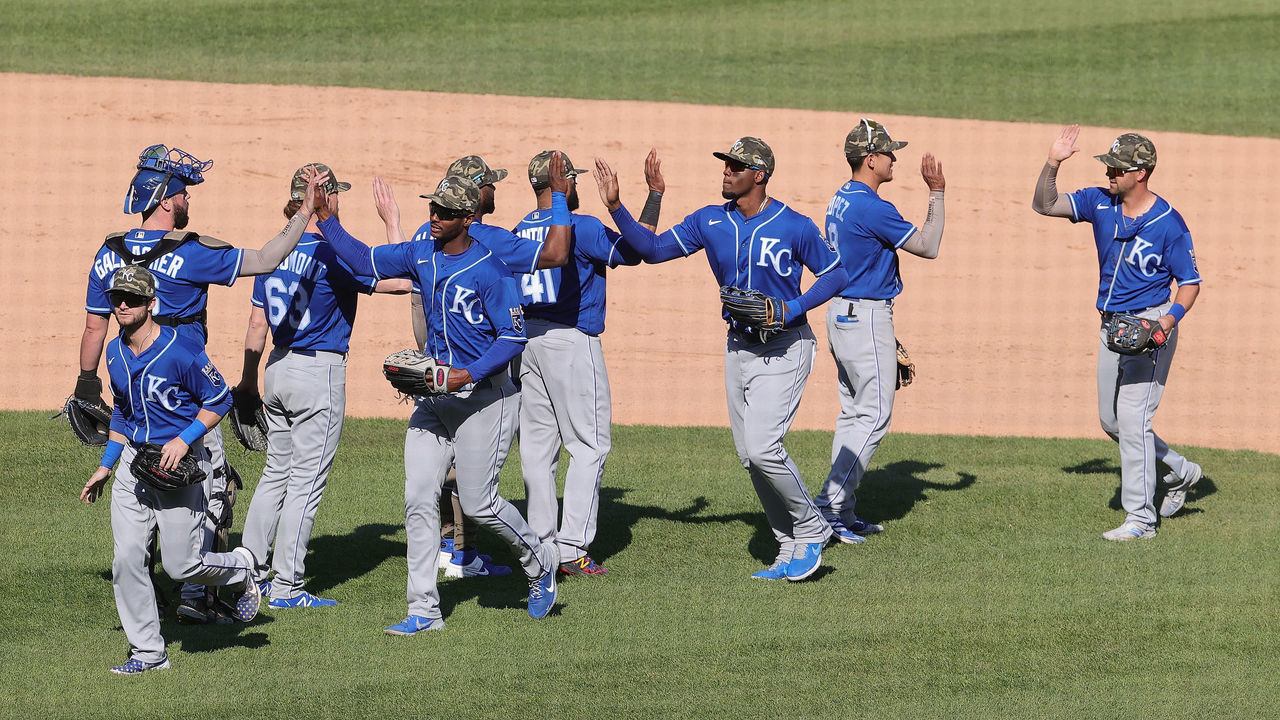 CHICAGO, ILLINOIS - MAY 14: Members of the Kansas City Royals celebrate a win over the Chicago White Sox at Guaranteed Rate Field on May 14, 2021 in Chicago, Illinois. The Royals defeated the White Sox 6-2.