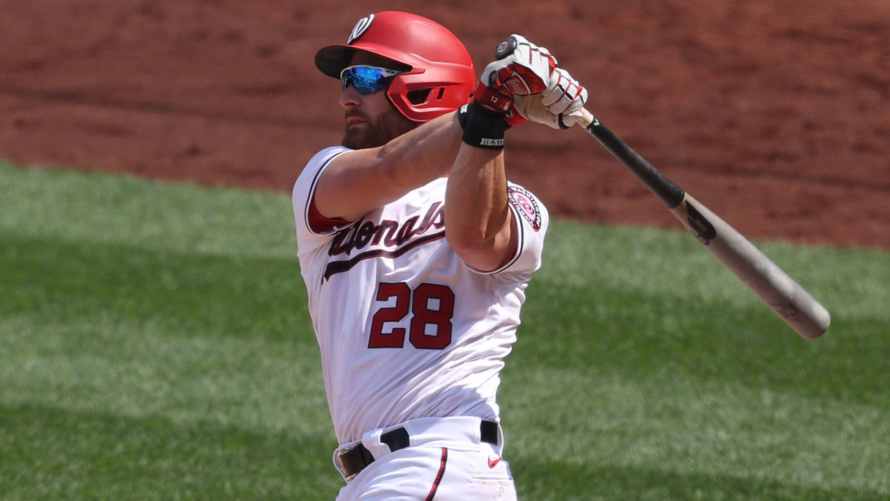 WASHINGTON, DC - APRIL 07: Jonathan Lucroy #28 of the Washington Nationals bats against the Atlanta Braves in game one of a doubleheader at Nationals Park on April 7, 2021 in Washington, DC.