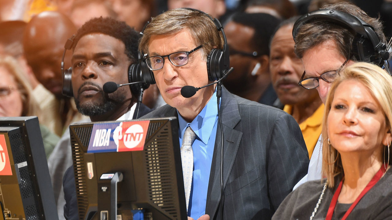 LOS ANGELES, CA - JANUARY 21: Chris Webber and Marv Albert provide commentary during the game between the Golden State Warriors and the Los Angeles Lakers on January 21, 2019 at STAPLES Center in Los Angeles, California. NOTE TO USER: User expressly acknowledges and agrees that, by downloading and/or using this photograph, user is consenting to the terms and conditions of the Getty Images License Agreement. Mandatory Copyright Notice: Copyright 2019 NBAE