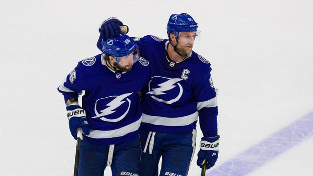 TAMPA, FL - FEBRUARY 6: Nikita Kucherov #86 of the Tampa Bay Lightning celebrates his goal during his 500th NHL game with teammate Steven Stamkos #91 and against the Pittsburgh Penguins during the third period at Amalie Arena on February 6, 2020 in Tampa, Florida.