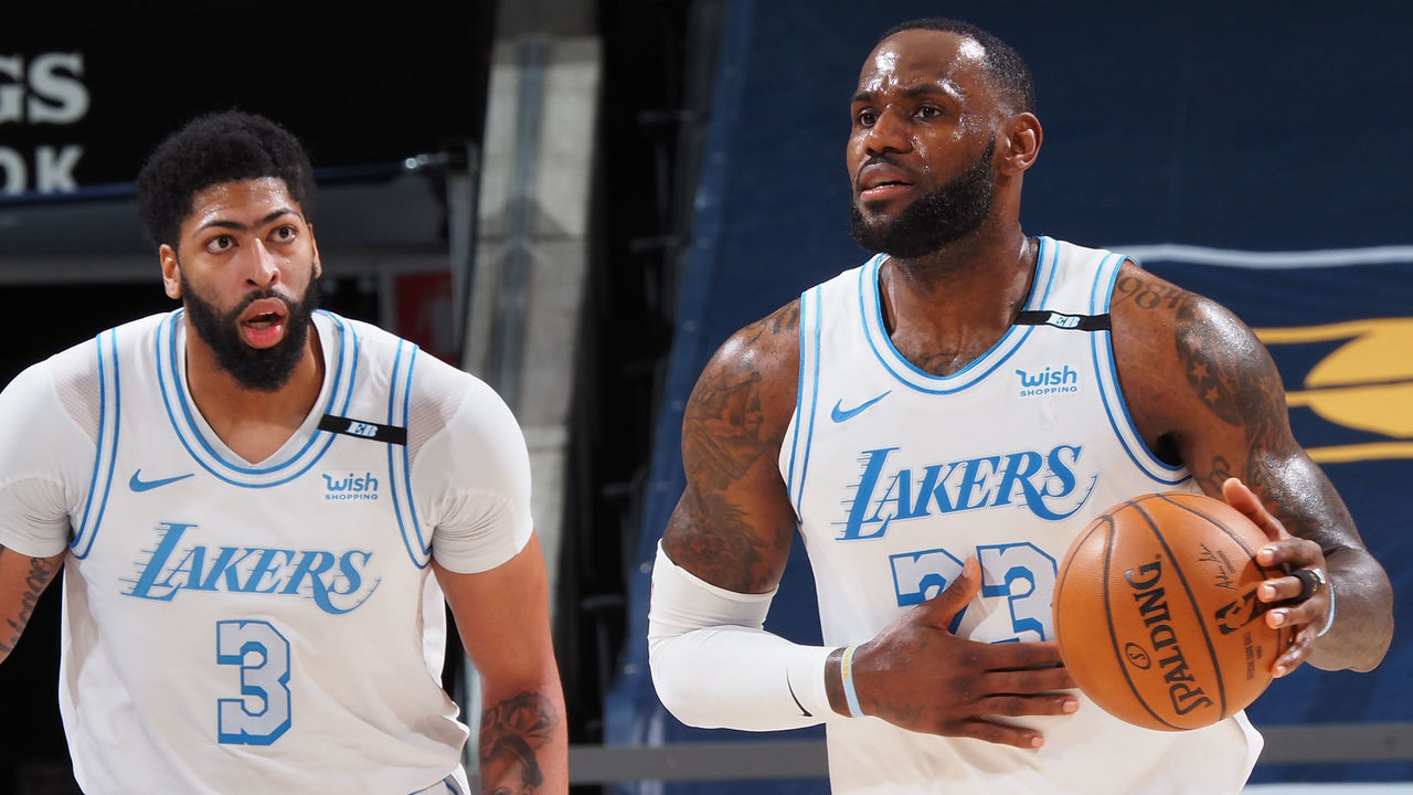 INDIANAPOLIS, IN - MAY 15: Anthony Davis #3 of the Los Angeles Lakers and LeBron James #23 looks on during the game against the Indiana Pacers on May 15, 2021 at Bankers Life Fieldhouse in Indianapolis, Indiana. Mandatory Copyright Notice: Copyright 2021 NBAE