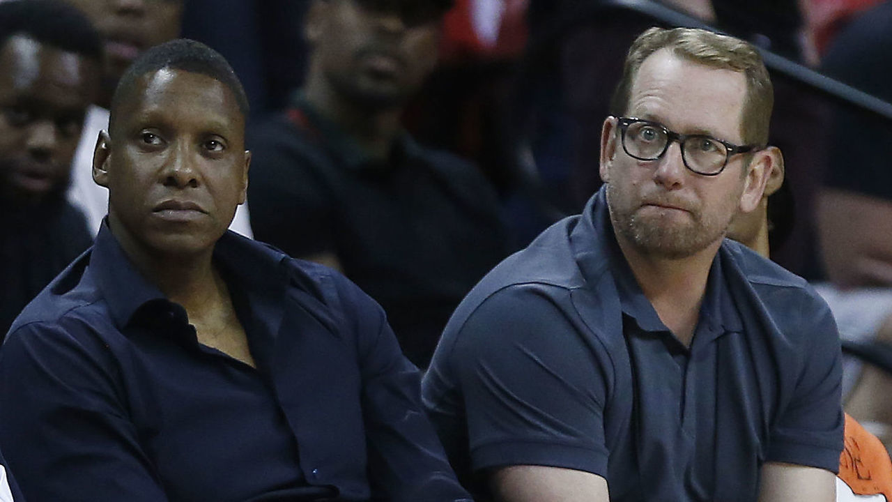 LAS VEGAS, NEVADA - JULY 09: (L-R) Owner Larry Tanenbaum, president Masai Ujiri and head coach Nick Nurse of the Toronto Raptors look on during the game between the New York Knicks and the Toronto Raptors during the 2019 Summer League at the Thomas & Mack Center on July 09, 2019 in Las Vegas, Nevada.