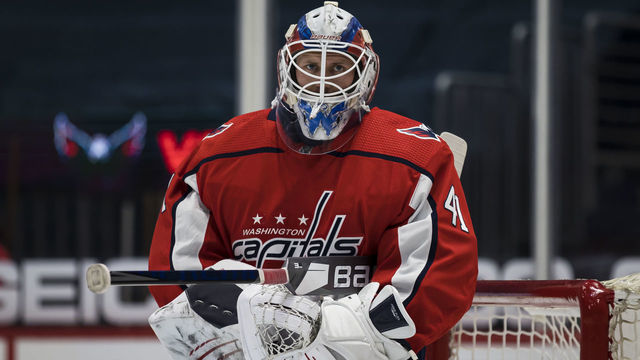 WASHINGTON, DC - MAY 11: Vitek Vanecek #41 of the Washington Capitals looks on before the game against the Boston Bruins at Capital One Arena on May 11, 2021 in Washington, DC.