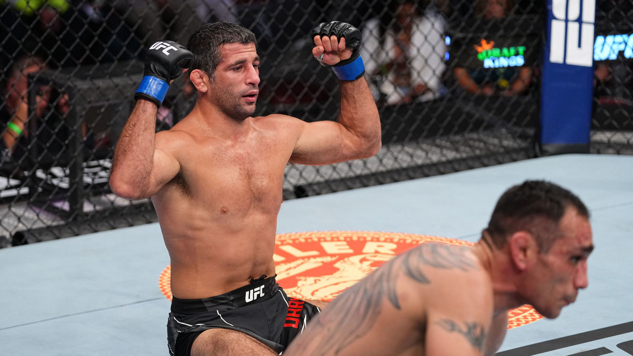 HOUSTON, TEXAS - MAY 15: (L-R) Beneil Dariush reacts after finishing three rounds against Tony Ferguson in their lightweight bout during the UFC 262 event at Toyota Center on May 15, 2021 in Houston, Texas.