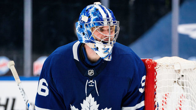 TORONTO, ON - MAY 6: Jack Campbell #36 of the Toronto Maple Leafs looks on against the Montreal Canadiens during the third period at the Scotiabank Arena on May 6, 2021 in Toronto, Ontario, Canada.