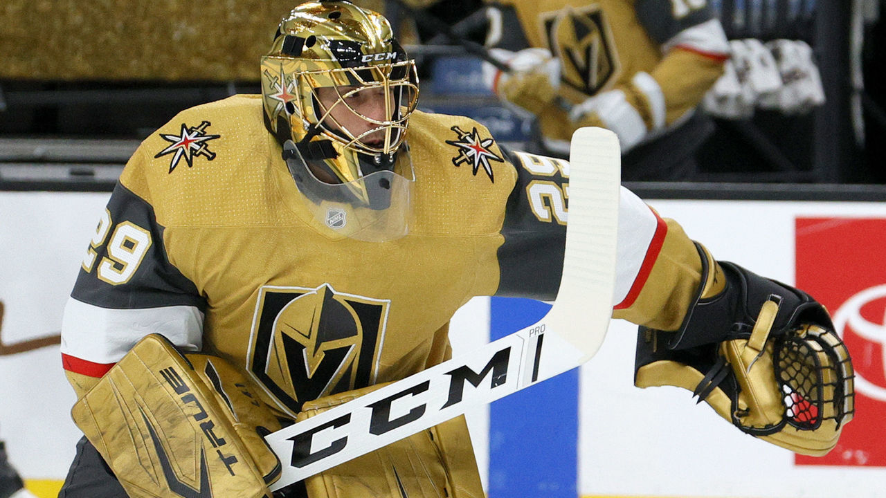 LAS VEGAS, NEVADA - MAY 08: Marc-Andre Fleury #29 of the Vegas Golden Knights warms up before a game against the St. Louis Blues at T-Mobile Arena on May 8, 2021 in Las Vegas, Nevada. The Golden Knights defeated the Blues 4-1.