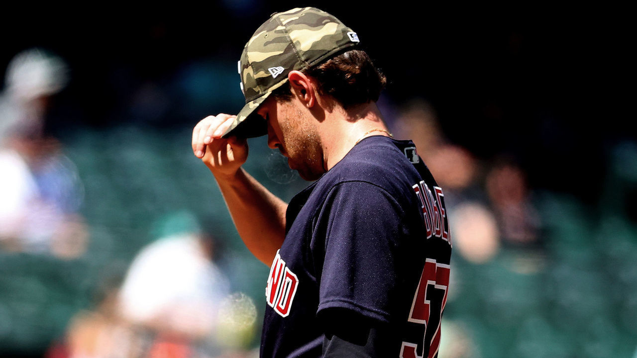 SEATTLE, WASHINGTON - MAY 16: Shane Bieber #57 of the Cleveland Indians reacts after giving up a hit to Kyle Lewis #1 of the Seattle Mariners during the third inning at T-Mobile Park on May 16, 2021 in Seattle, Washington.