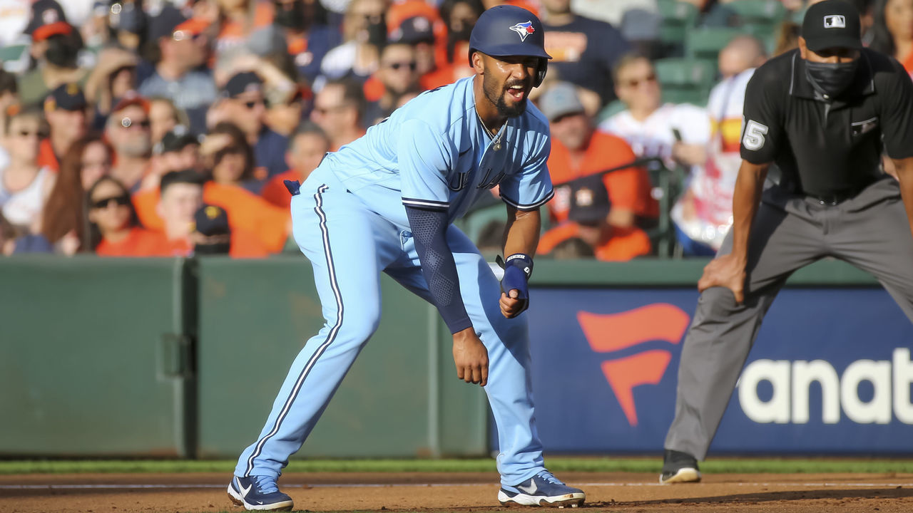 HOUSTON, TX - MAY 08: Toronto Blue Jays second baseman Marcus Semien (10) watches the pitch from first base during the baseball game between the Toronto Blue Jays and Houston Astros on May 8, 2021 at Minute Maid Park in Houston, Texas.