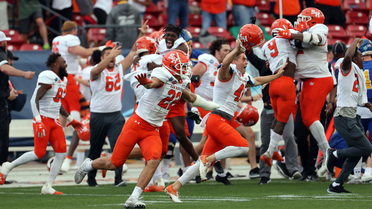 FRISCO, TEXAS - MAY 14: Zyon McCollum #22 of the Sam Houston State Bearkats celebrates a 23-21 win against the South Dakota State Jackrabbits during the 2021 NCAA Division I Football Championship at Toyota Stadium on May 16, 2021 in Frisco, Texas.