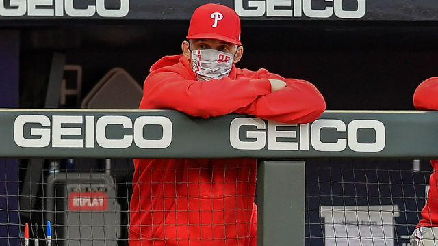 ATLANTA, GA MAY 07: Philadelphia manager Joe Girardi looks on from the dugout during the MLB game between the Philadelphia Phillies and the Atlanta Braves on May 7th, 2021 at Truist Park in Atlanta, GA.