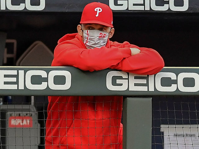ATLANTA, GA MAY 07: Philadelphia manager Joe Girardi looks on from the dugout during the MLB game between the Philadelphia Phillies and the Atlanta Braves on May 7th, 2021 at Truist Park in Atlanta, GA.