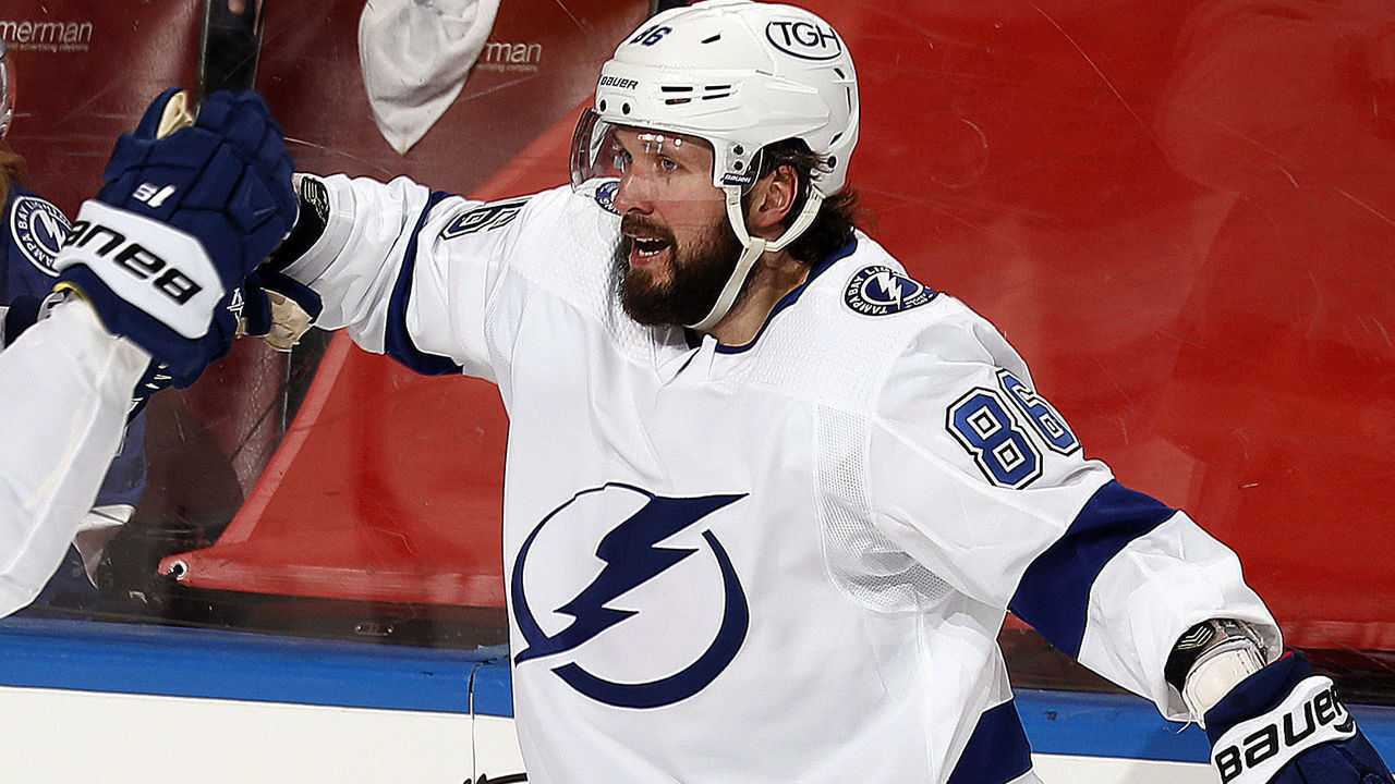 SUNRISE, FL - MAY 16: Nikita Kucherov #86 of the Tampa Bay Lightning celebrates his second goal with teammates during the second period against the Florida Panthers in Game One of the First Round of the 2021 Stanley Cup Playoffs at the BB&T Center on May 16, 2021 in Sunrise, Florida.