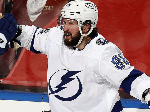 SUNRISE, FL - MAY 16: Nikita Kucherov #86 of the Tampa Bay Lightning celebrates his second goal with teammates during the second period against the Florida Panthers in Game One of the First Round of the 2021 Stanley Cup Playoffs at the BB&T Center on May 16, 2021 in Sunrise, Florida.