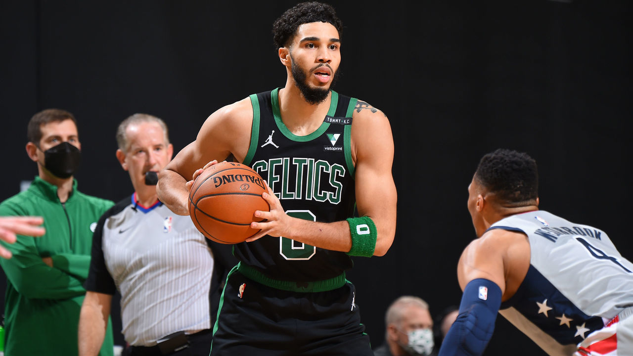 BOSTON, MA - FEBRUARY 28: Jayson Tatum #0 of the Boston Celtics looks to pass the ball during the game against the Washington Wizards on February 28, 2021 at the TD Garden in Boston, Massachusetts. Mandatory Copyright Notice: Copyright 2021 NBAE
