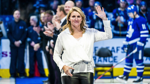 TORONTO, ON - NOVEMBER 15: 2019 Hockey Hall of Fame inductee Hayley Wickenheiser waves to the crowd during a pre-game ceremony at the Scotiabank Arena on November 15, 2019 in Toronto, Ontario, Canada. The Toronto Maple Leafs face the Boston Bruins.