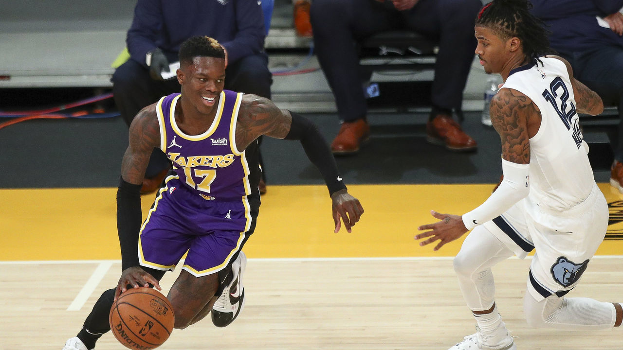 LOS ANGELES, CALIFORNIA - FEBRUARY 12: Dennis Schroder #17 of the Los Angeles Lakers moves the ball in the game against the Memphis Grizzlies at Staples Center on February 12, 2021 in Los Angeles, California.