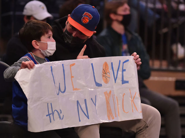 NEW YORK, NY - APRIL 18: Fans attend a game between the New Orleans Pelicans and the New York Knicks on April 18, 2021 at Madison Square Garden in New York City, New York. NOTE TO USER: User expressly acknowledges and agrees that, by downloading and/or using this Photograph, user is consenting to the terms and conditions of the Getty Images License Agreement. Mandatory Copyright Notice: Copyright 2021 NBAE